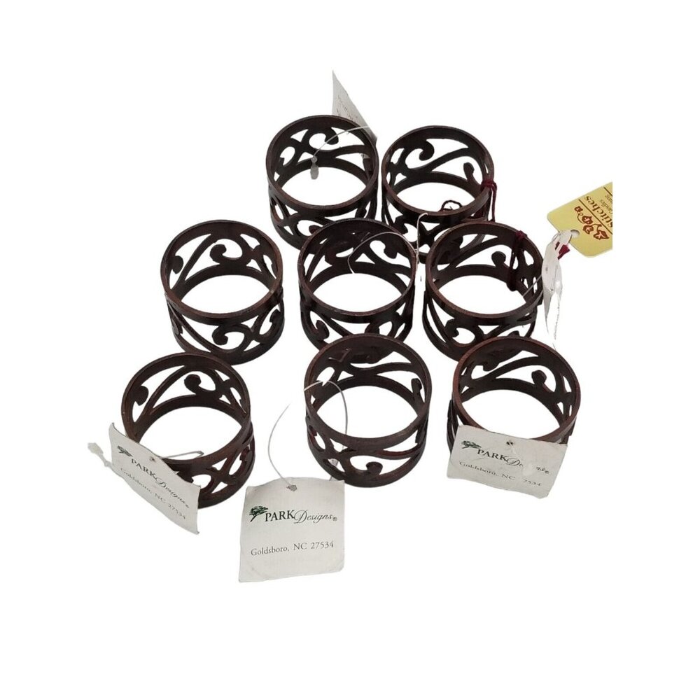 Napkin Ring Holders Set of 8 Metal Cut-Out Scroll Burl Brown Pierced
